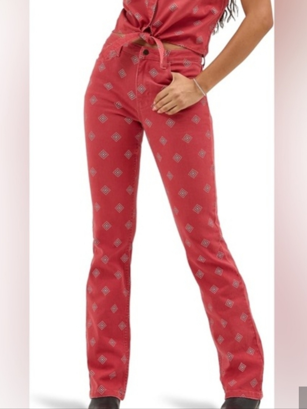 Wrangler Western Bold Boot Rust Red‎ Printed Flare Jeans